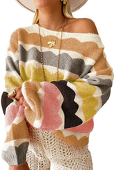 Striped Balloon Sleeve Drop Shoulder Sweater